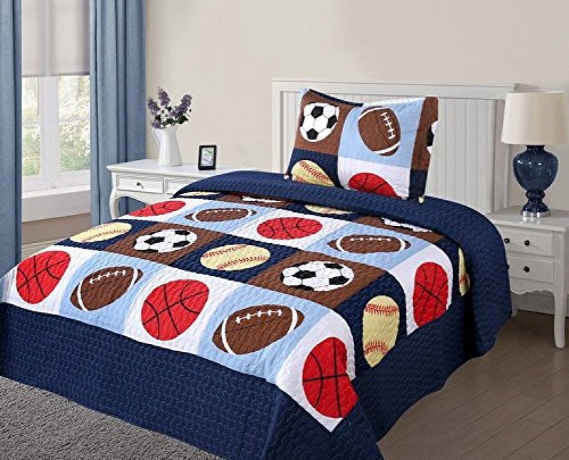 Golden linens LLC Golden Linens Twin Size 2 Pieces Quilt Bedspread Set Kids Sports Basketball Football Baseball Boys Girls 