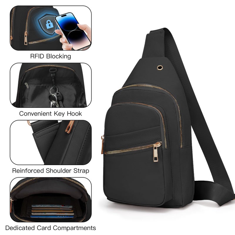 Aganmi Small RFID Waterproof Travel Crossbody Sling Bags for Women Men, Black Hands Free Lightweight Sling Backpack Chest Bag Daypack for Outdoors Hiking Traveling Fitness Daily Commuting Shopping - Image 3
