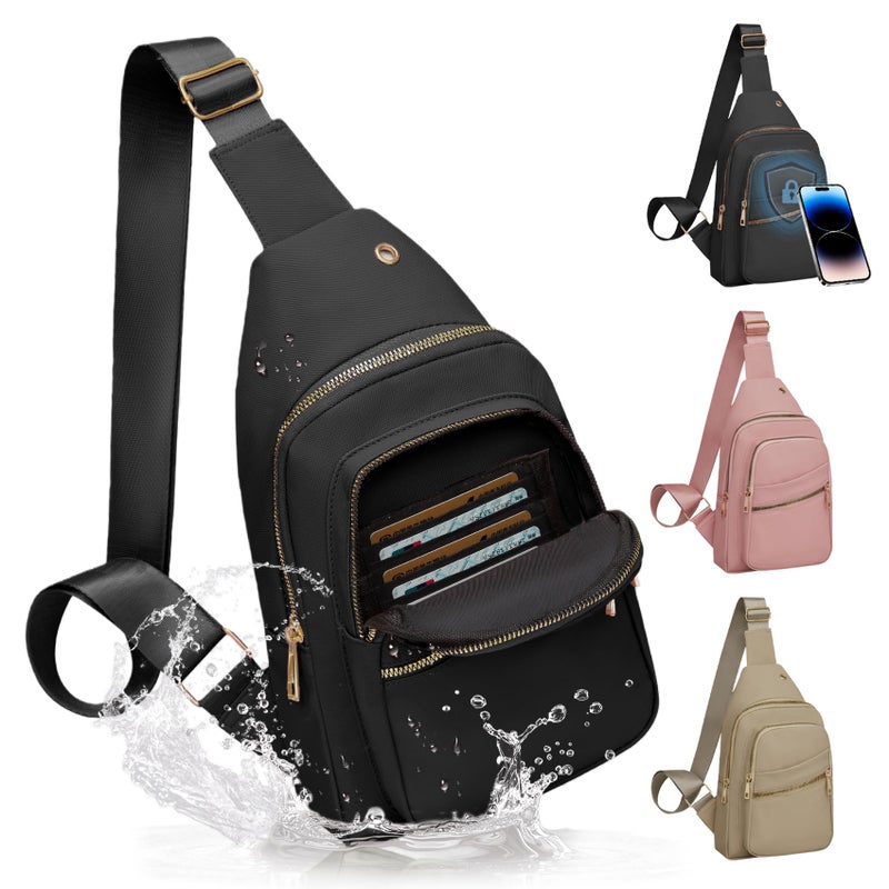Aganmi Small RFID Waterproof Travel Crossbody Sling Bags for Women Men, Black Hands Free Lightweight Sling Backpack Chest Bag Daypack for Outdoors Hiking Traveling Fitness Daily Commuting Shopping - Image 1