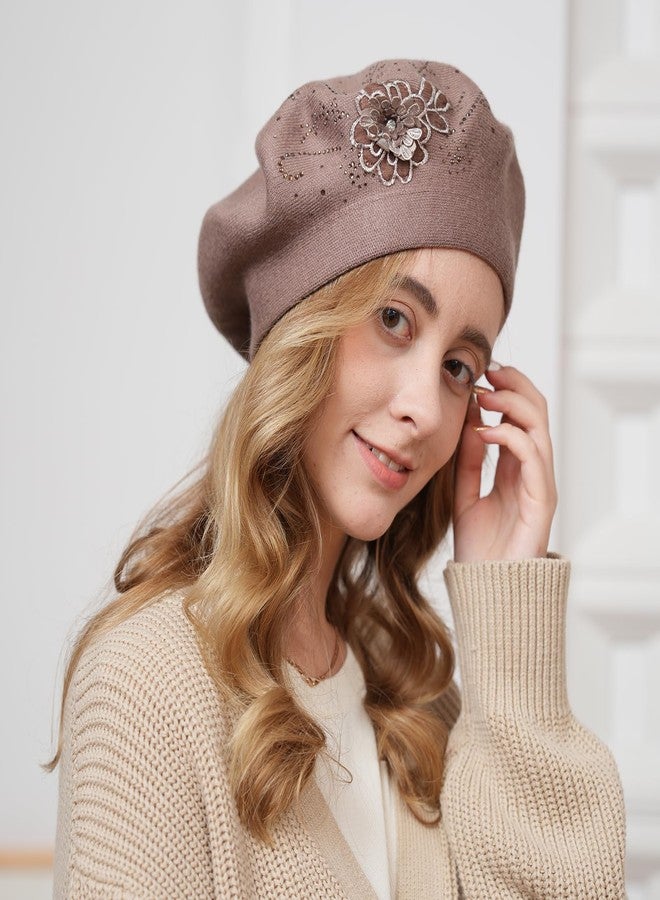 Gajaous Flower Embroidery Beret Hat for Women, French Style Knitted Beret Hats, Stylish Solid Color Beret Cap for Women Girls Lady - Image 5