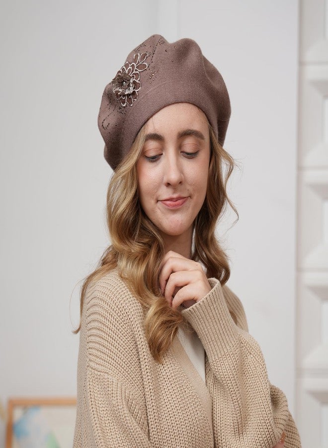 Gajaous Flower Embroidery Beret Hat for Women, French Style Knitted Beret Hats, Stylish Solid Color Beret Cap for Women Girls Lady - Image 3