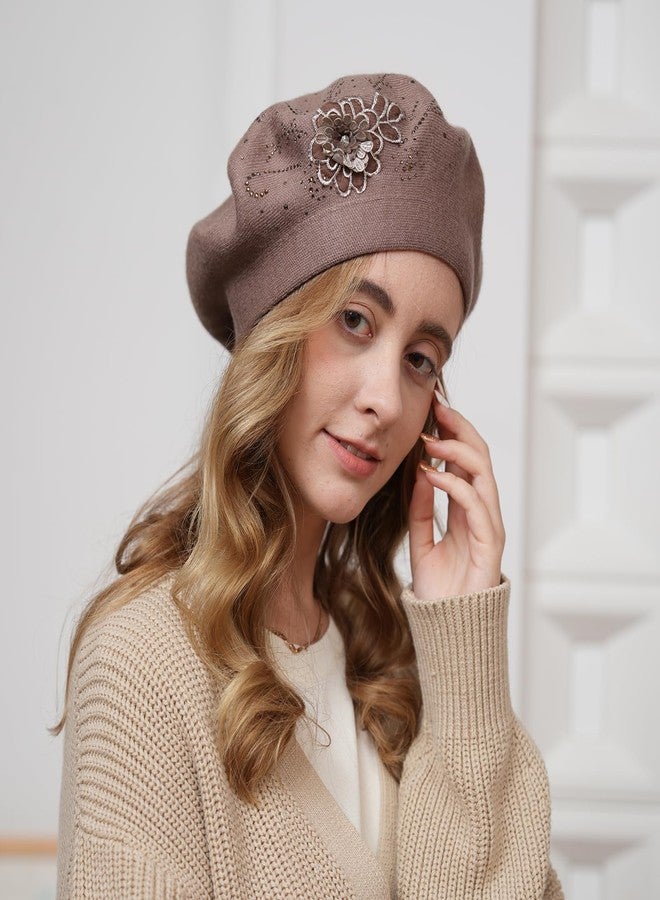 Gajaous Flower Embroidery Beret Hat for Women, French Style Knitted Beret Hats, Stylish Solid Color Beret Cap for Women Girls Lady - Image 4
