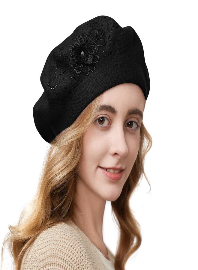Gajaous Flower Embroidery Beret Hat for Women, French Style Knitted Beret Hats, Stylish Solid Color Beret Cap for Women Girls Lady - Image 1