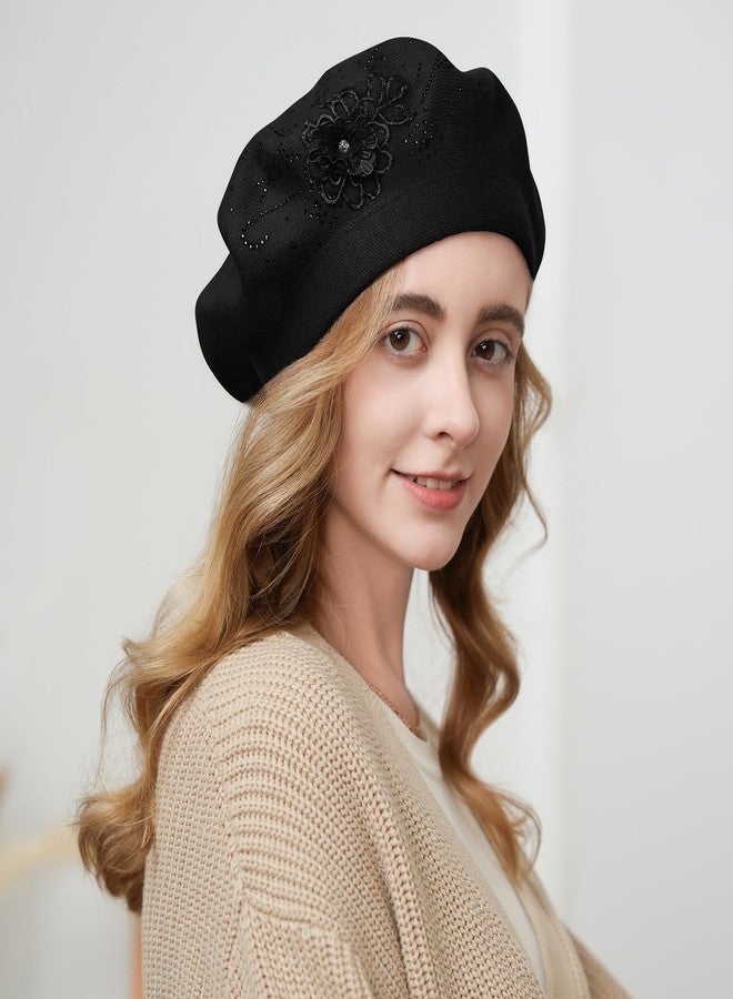 Gajaous Flower Embroidery Beret Hat for Women, French Style Knitted Beret Hats, Stylish Solid Color Beret Cap for Women Girls Lady - Image 2