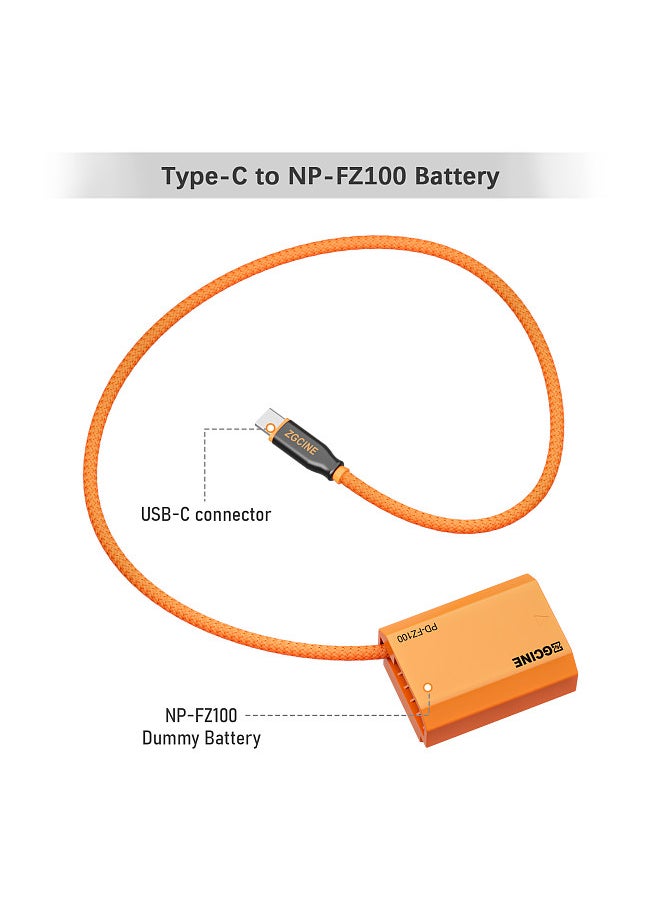 ZGCINE PD-FZ100 Type-C to NP-FZ100 Dummy Battery with Braided Wire DC Coupler Accessory for Sony A7R V/A7 IV/A7S III/A7R IV/A7R III/A7 III/A7C/A7CR/A7C II/A6600/A6700/FX3/FX30/ZV-E1/A1/A9/A9II Camera