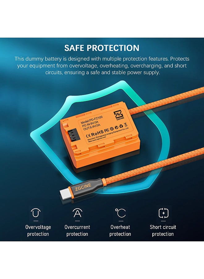ZGCINE PD-FZ100 Type-C to NP-FZ100 Dummy Battery with Braided Wire DC Coupler Accessory for Sony A7R V/A7 IV/A7S III/A7R IV/A7R III/A7 III/A7C/A7CR/A7C II/A6600/A6700/FX3/FX30/ZV-E1/A1/A9/A9II Camera