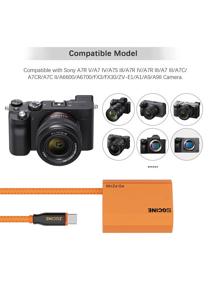 ZGCINE PD-FZ100 Type-C to NP-FZ100 Dummy Battery with Braided Wire DC Coupler Accessory for Sony A7R V/A7 IV/A7S III/A7R IV/A7R III/A7 III/A7C/A7CR/A7C II/A6600/A6700/FX3/FX30/ZV-E1/A1/A9/A9II Camera