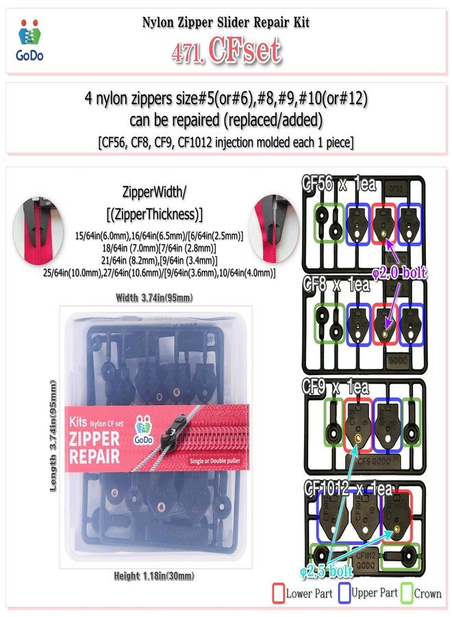 GODO Nylon Zipper Slider Repair Replacement Kits - ZipperSize 5 6 8 9 10 12 Single or Double Sided Slider Available - Image 2