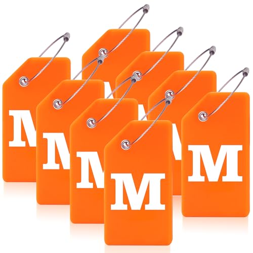 Gostwo 8 Pack Luggage Tags for Suitcases, 26 Initial Letter Travel Luggage Baggage Identification Labels ID Tags Fully Bendable Tags with Stainless Steel Loop (Letter M, Orange) - Image 1