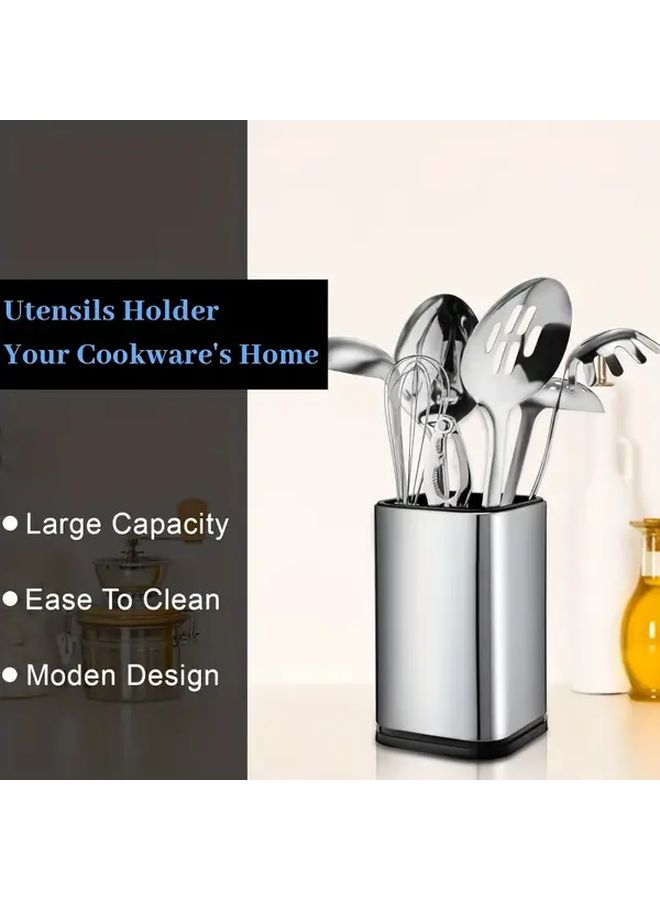 Stainless Steel Kitchen Utensil Holder For Countertop 1pc Modern Rectangular Large Cooking Utensil Caddy Spoon Spatula Organizer Crock Silvery - Image 5