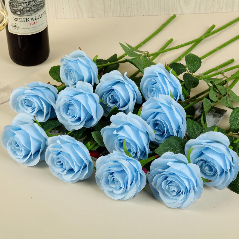Helera 12pcs Roses Artificial Flowers Fake Roses Blue Silk Roses Flowers Rose with Long Stems for Wedding Home Party Centerpieces Decorations - Image 4