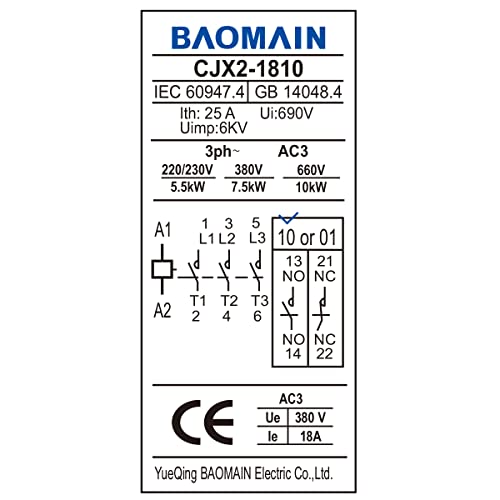 Baomain 3-Pole AC Contactor CJX2-1810 – 24VAC Coil, 3NO+1NO Auxiliary, 660V 3-Phase, DIN Rail Mount - Image 4