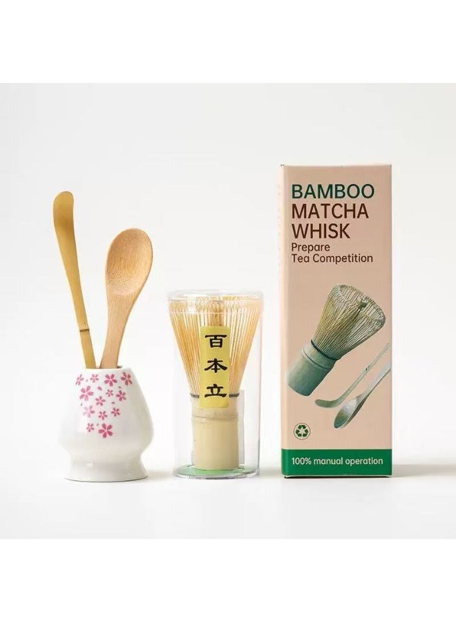 4-Piece Matcha Whisk Set, Matcha Making Tools, Handmade Bamboo Matcha Whisks Kit, Matcha Making Accessory, Including Bamboo Whisk, Stirring Scoop, Tea Spoon and Ceramic Whisk Holder, Matcha Kit Gifts for Tea Lovers & Beginners
