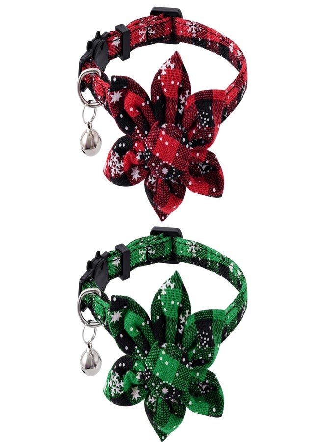 yeabwps 2Pcs Christmas Cat Collars with Bell - Red & Green Plaid Snowflake Design, Adjustable Floral Buckle Breakaway Collars for Small & Medium Cats & Dogs - Image 1