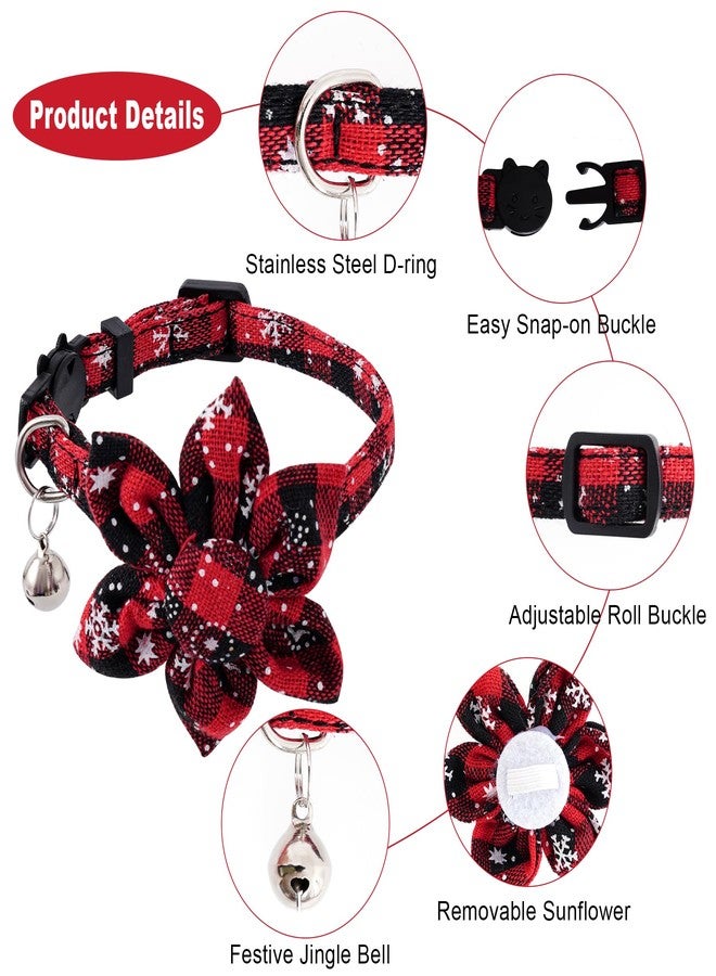 yeabwps 2Pcs Christmas Cat Collars with Bell - Red & Green Plaid Snowflake Design, Adjustable Floral Buckle Breakaway Collars for Small & Medium Cats & Dogs - Image 3