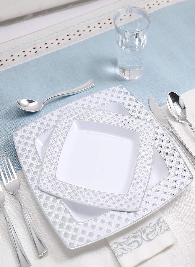 FOCUSLINE 175 Count Silver Dinnerware Set for 25 Guests, Disposable Square Plastic Plates with Diamond Rim, Includes 25 Dinner & Dessert Plates, Napkins, Cups, Cutlery Set for Wedding Parties - Image 4