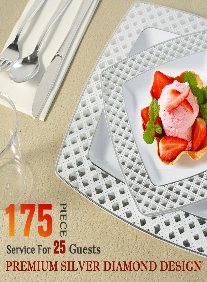 FOCUSLINE 175 Count Silver Dinnerware Set for 25 Guests, Disposable Square Plastic Plates with Diamond Rim, Includes 25 Dinner & Dessert Plates, Napkins, Cups, Cutlery Set for Wedding Parties - Image 3