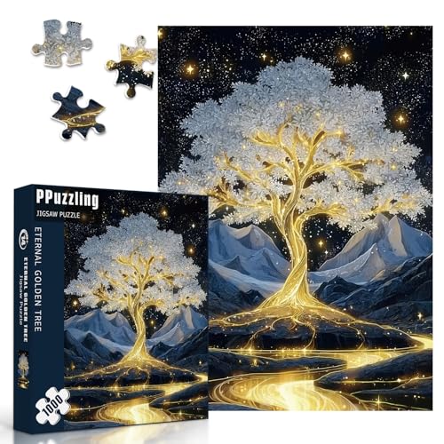 PPuzzling Golden Tree of Life Puzzles for Adults 1000 Pieces Fantasy Glowing Tree Landscape Jigsaw Puzzle with Starry Night Sky Mountains Nature Art Puzzle Hard Challenging Puzzles for Adults - Image 5