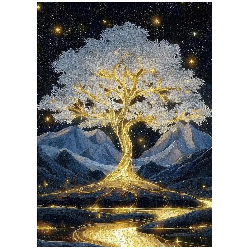 PPuzzling Golden Tree of Life Puzzles for Adults 1000 Pieces Fantasy Glowing Tree Landscape Jigsaw Puzzle with Starry Night Sky Mountains Nature Art Puzzle Hard Challenging Puzzles for Adults - Image 3