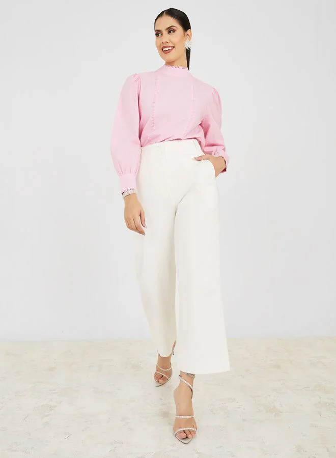 Styli Lace Trim High Neck Poplin Blouse