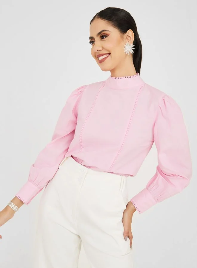 Styli Lace Trim High Neck Poplin Blouse