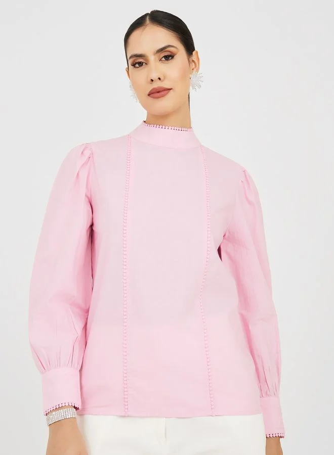 Styli Lace Trim High Neck Poplin Blouse