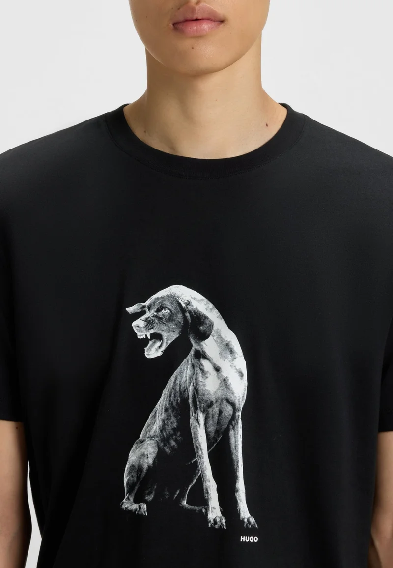 HUGO Black Cotton-jersey T-shirt with dog artwork for Men | Best Price UAE