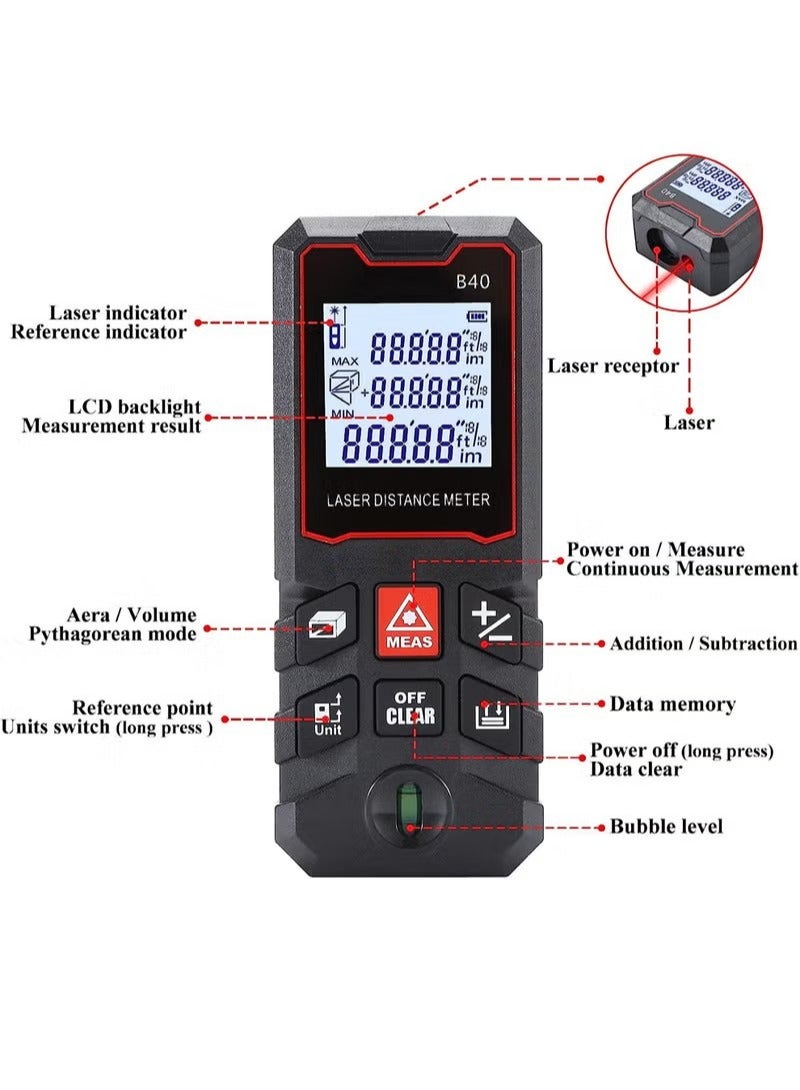 Laser Measure 40M, Ft/in/M Unit Switch Digital Laser Tape Measure with Bubble Level Laser Measurement Tool,LCD Backlit Laser Distance Measure Pythagorean Mode Area and Volume Measuring  - Image 2