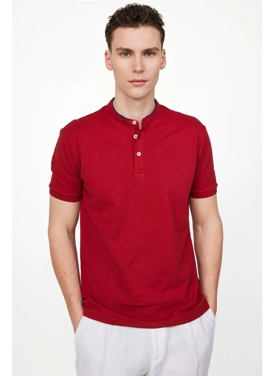 Tudors Men's Slim Fit Judge Collar Pique Cotton Claret Red T-Shirt