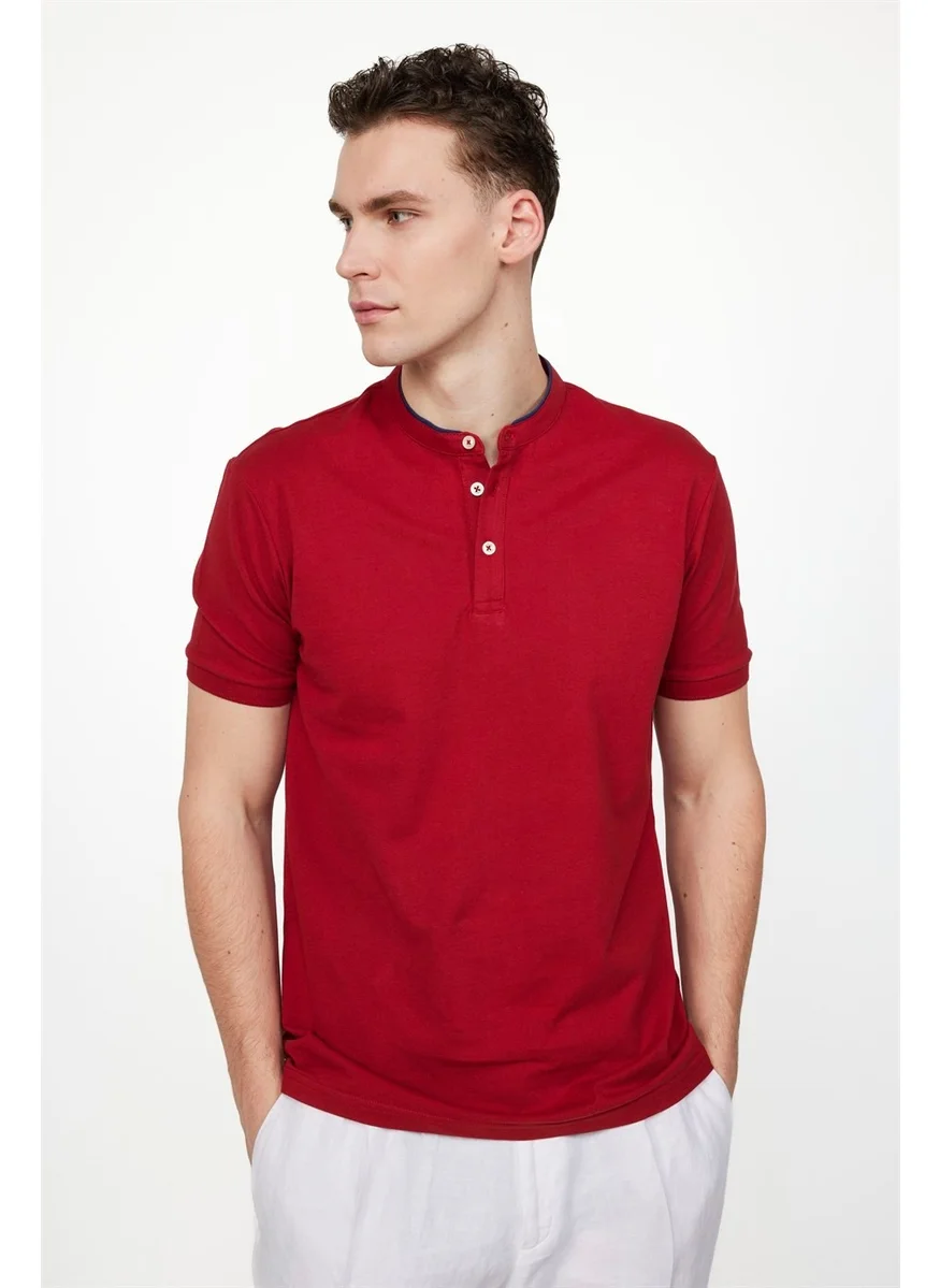 Tudors Men's Slim Fit Judge Collar Pique Cotton Claret Red T-Shirt