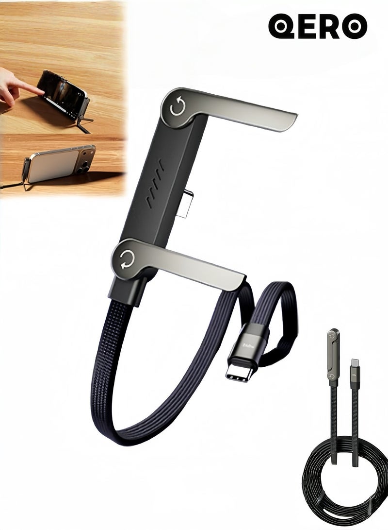 كيورو كيبل شاحن سريع مجدول بقوة 240 واط من QERO، مزود بحامل هاتف مدمج، كبل USB-C قابل للطي متين جديد، كبل USB-C بزاوية قائمة 90 درجة، كبل شاحن متعدد الوظائف، من منفذ Type-C / Type-U إلى منفذ Type-C (قطعة واحدة) - Image 1