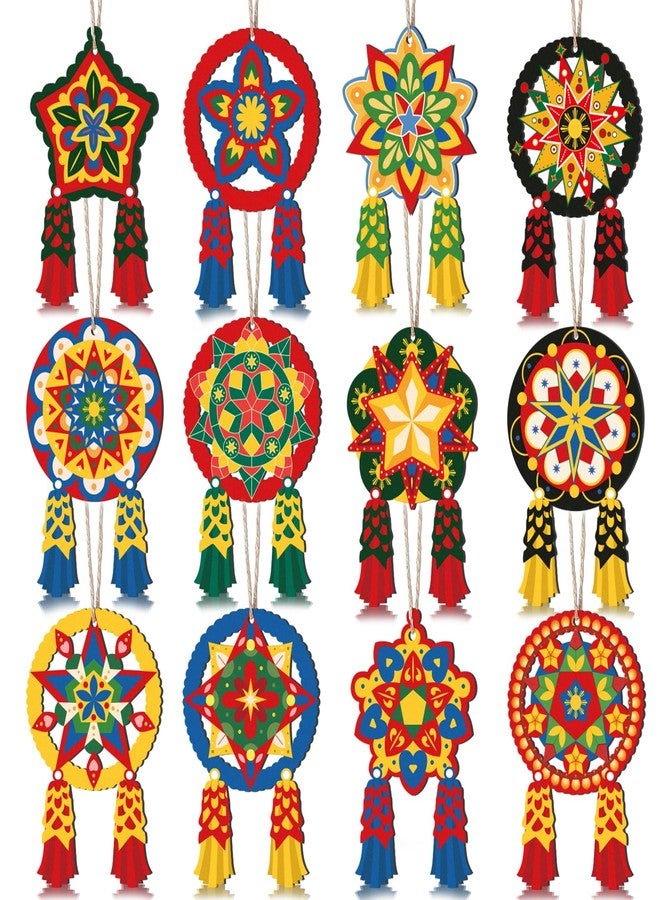 Qpout 24Pcs Philippine Christmas Tree Ornaments,Traditional Capiz Star Parol Lantern Wooden Hanging Decor for Home Window Filipino Holiday Xmas Tree Decorations - Image 1