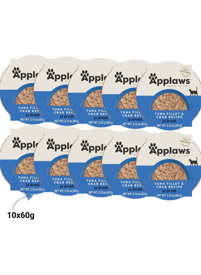 Applaws Cat Adult Wet Food With Tuna Fillet With Crab In Broth Flavor - 10x60g Pack - Natural Grain-Free Wet Cat Food, High-Protein & Delicious for Adult Cats - Image 1