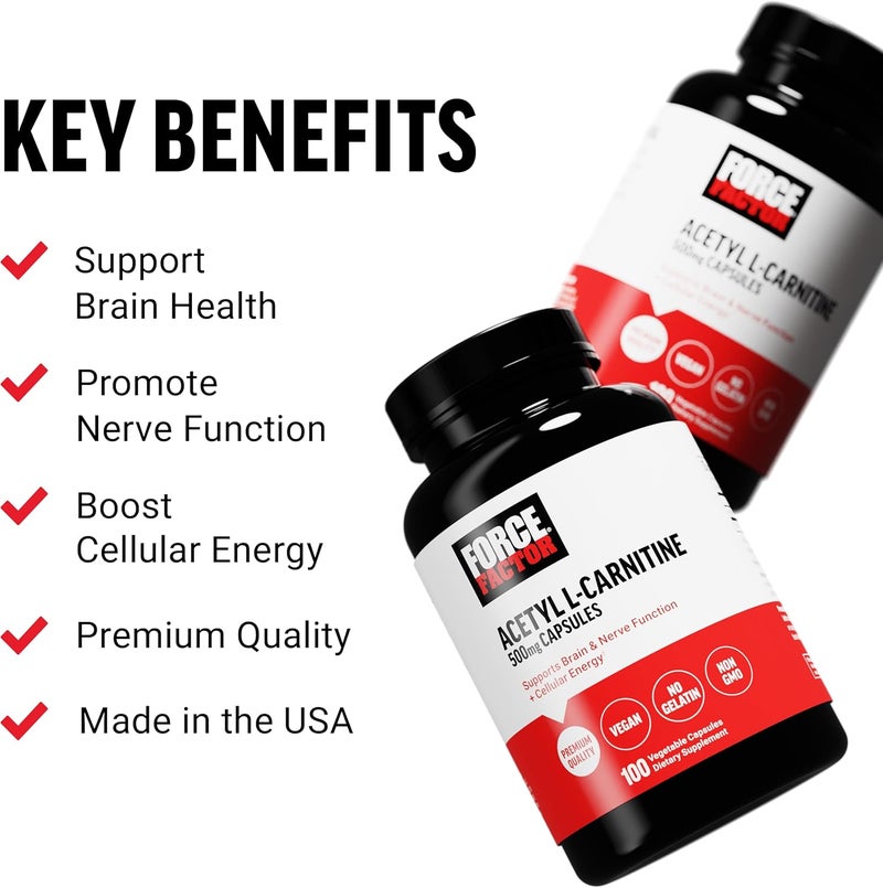 Force Factor مكمل دماغي من فورس فاكتور أسيتيل إل كارنيتين دعم الأعصاب وم booster الطاقة الخلوية أسيتيل إل كارنيتين 500 ملغ جودة ممتازة نباتي غير معدل وراثيًا 100 كبسولة نباتية - Image 2