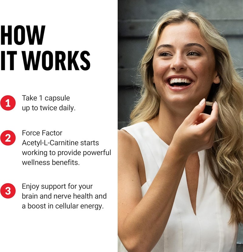 Force Factor مكمل دماغي من فورس فاكتور أسيتيل إل كارنيتين دعم الأعصاب وم booster الطاقة الخلوية أسيتيل إل كارنيتين 500 ملغ جودة ممتازة نباتي غير معدل وراثيًا 100 كبسولة نباتية - Image 4