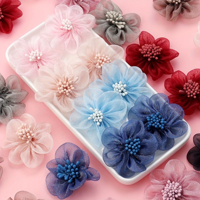 4Pcs Coffee Brown Organza Ribbon Flowers with Stamen for Wedding Home Decoration Hair Accessory - Image 5