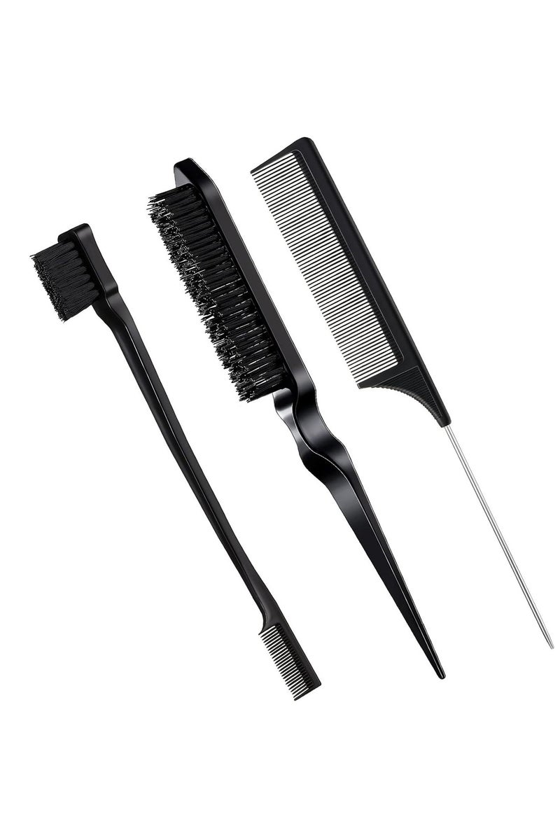 3-Piece Slick Back Hair Brush Set Hair Brush Edge Control Brush Teasing Comb Rat Tail Comb for Women Baby Kids' Hair (Black) - Image 1