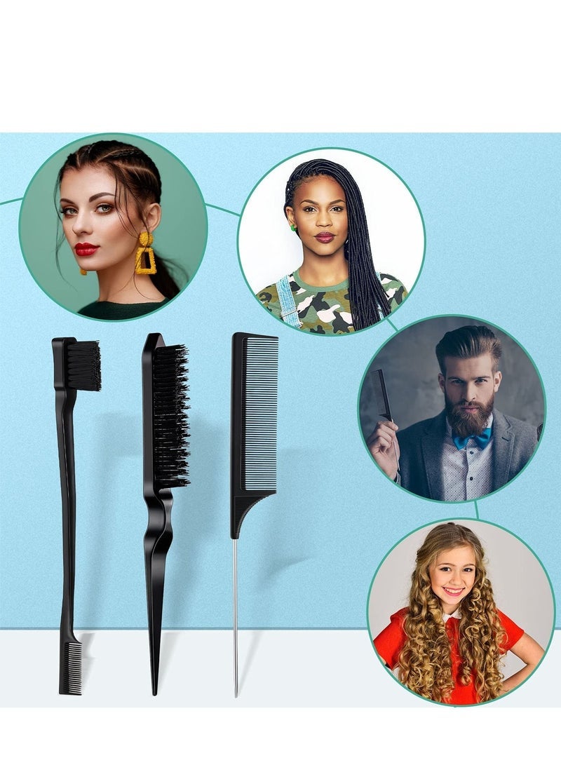 3-Piece Slick Back Hair Brush Set Hair Brush Edge Control Brush Teasing Comb Rat Tail Comb for Women Baby Kids' Hair (Black) - Image 2