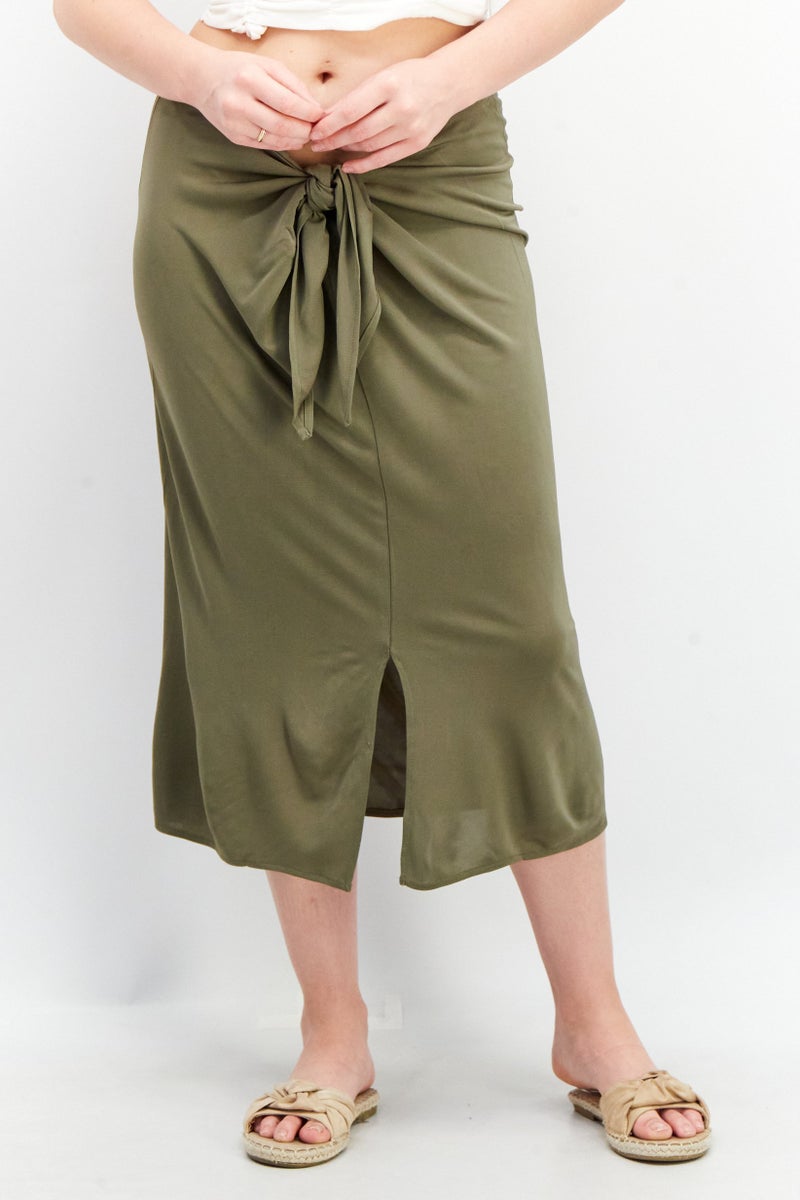 Avec Les Filles Women Plain Front Tie Midi Skirt, Olive - Image 1