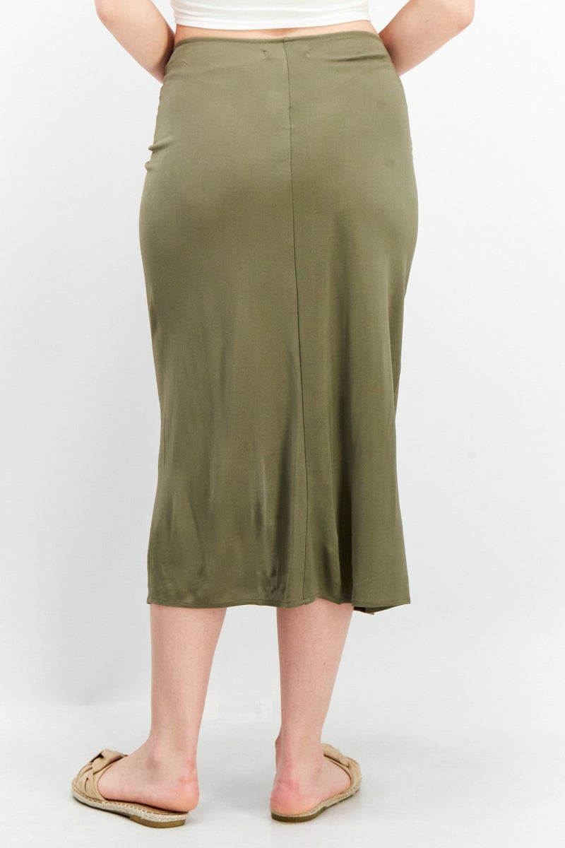 Avec Les Filles Women Plain Front Tie Midi Skirt, Olive - Image 2