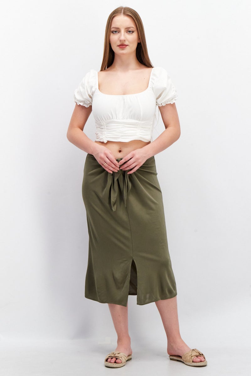 Avec Les Filles Women Plain Front Tie Midi Skirt, Olive - Image 3
