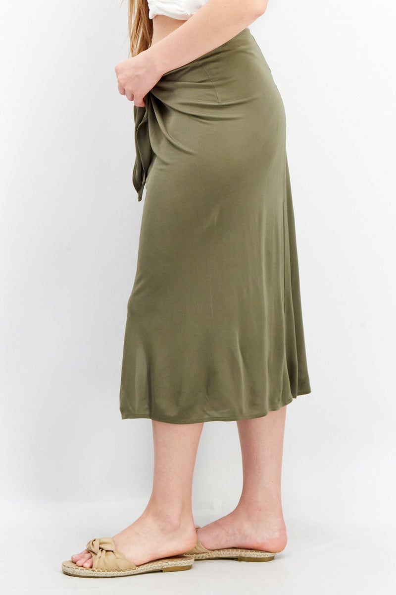 Avec Les Filles Women Plain Front Tie Midi Skirt, Olive - Image 4