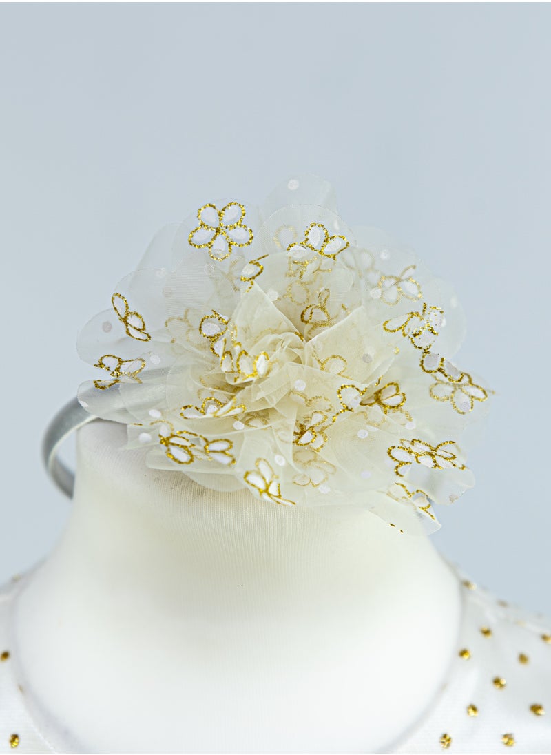 Allium - Girl's Dress With Gold Metallic Dots, Pearl Beads With Gold Flower Center, Bow Style At The Back, Hairband, Tiulle Bottom, Pongee/cotton Lining, Ready For Gifting - Image 1