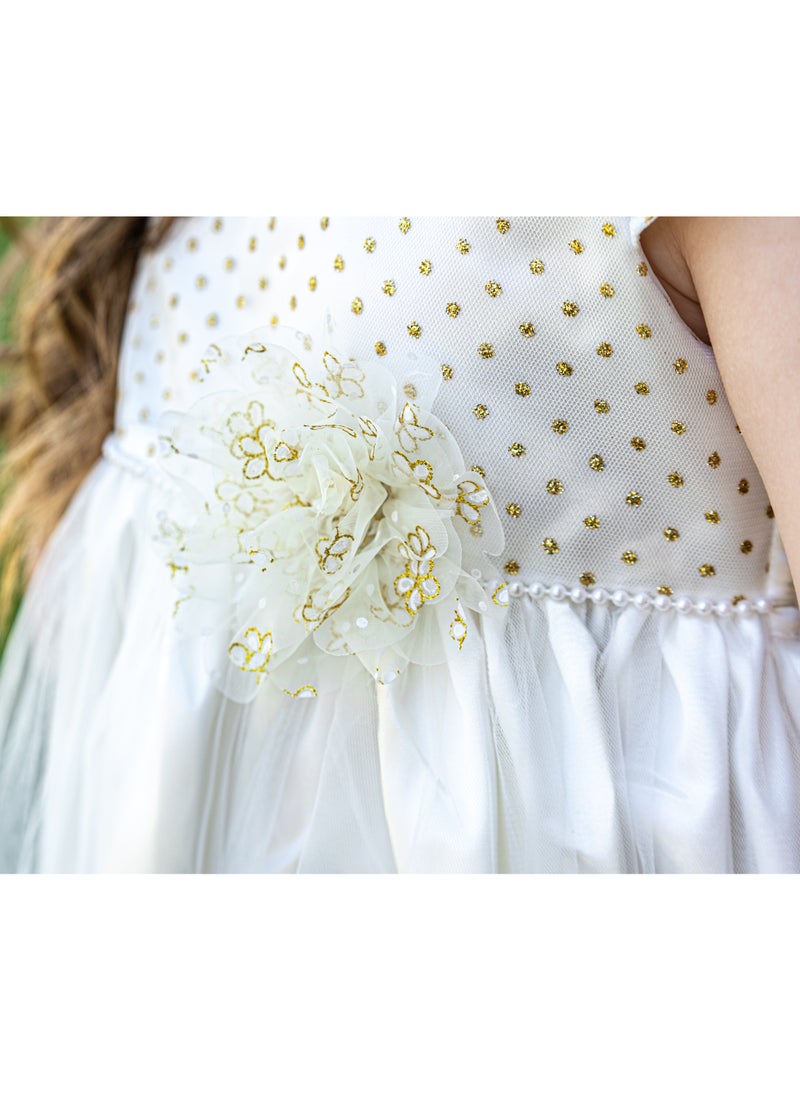 Allium - Girl's Dress With Gold Metallic Dots, Pearl Beads With Gold Flower Center, Bow Style At The Back, Hairband, Tiulle Bottom, Pongee/cotton Lining, Ready For Gifting - Image 1