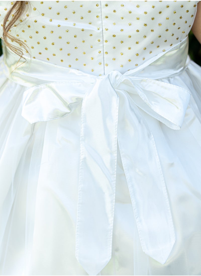 Allium - Girl's Dress With Gold Metallic Dots, Pearl Beads With Gold Flower Center, Bow Style At The Back, Hairband, Tiulle Bottom, Pongee/cotton Lining, Ready For Gifting - Image 1