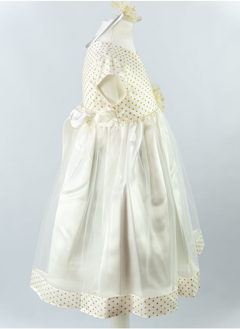 Allium - Girl's Dress With Gold Metallic Dots, Pearl Beads With Gold Flower Center, Bow Style At The Back, Hairband, Tiulle Bottom, Pongee/cotton Lining, Ready For Gifting - Image 1