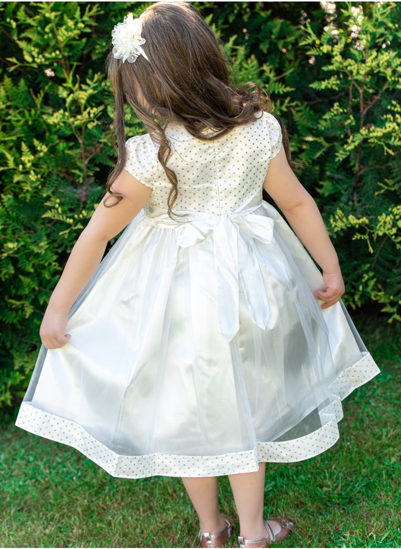Allium - Girl's Dress With Gold Metallic Dots, Pearl Beads With Gold Flower Center, Bow Style At The Back, Hairband, Tiulle Bottom, Pongee/cotton Lining, Ready For Gifting - Image 1