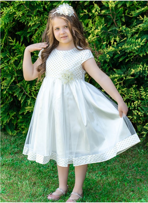 Girl's Dress With Gold Metallic Dots, Pearl Beads With Gold Flower Center, Bow Style At The Back, Hairband, Tiulle Bottom, Pongee/cotton Lining, Ready For Gifting
