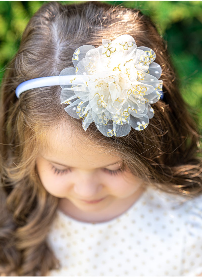 Allium - Girl's Dress With Gold Metallic Dots, Pearl Beads With Gold Flower Center, Bow Style At The Back, Hairband, Tiulle Bottom, Pongee/cotton Lining, Ready For Gifting - Image 1