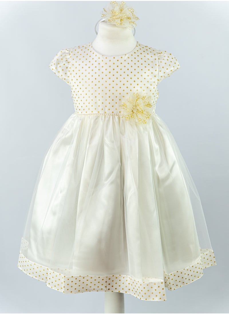 Allium - Girl's Dress With Gold Metallic Dots, Pearl Beads With Gold Flower Center, Bow Style At The Back, Hairband, Tiulle Bottom, Pongee/cotton Lining, Ready For Gifting - Image 1